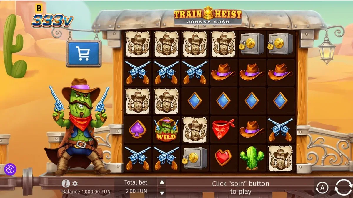 Tampilan visual slot Train Heist Johnny Cash dengan tema koboi dan kereta api.