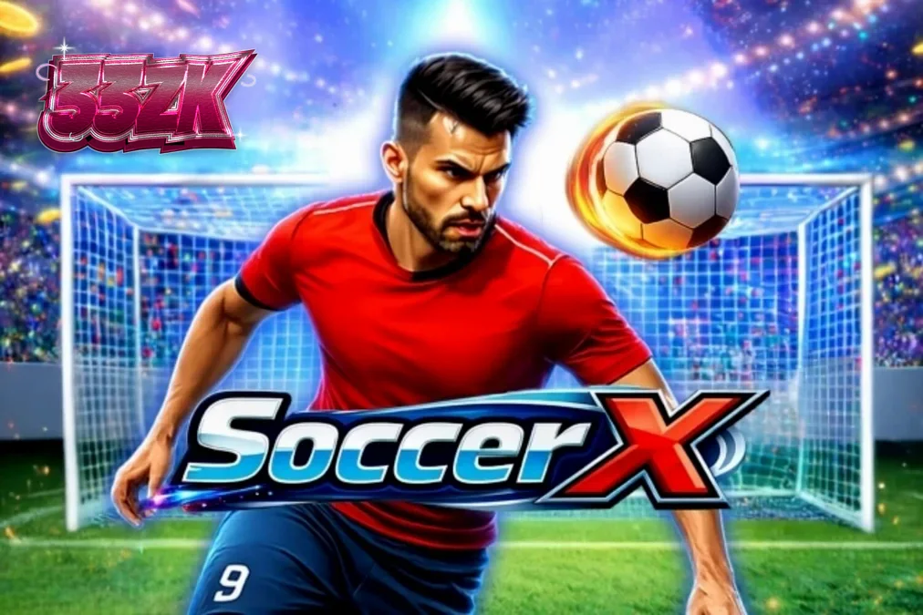 Tampilan antarmuka permainan slot SoccerX dengan latar belakang stadion sepak bola.
